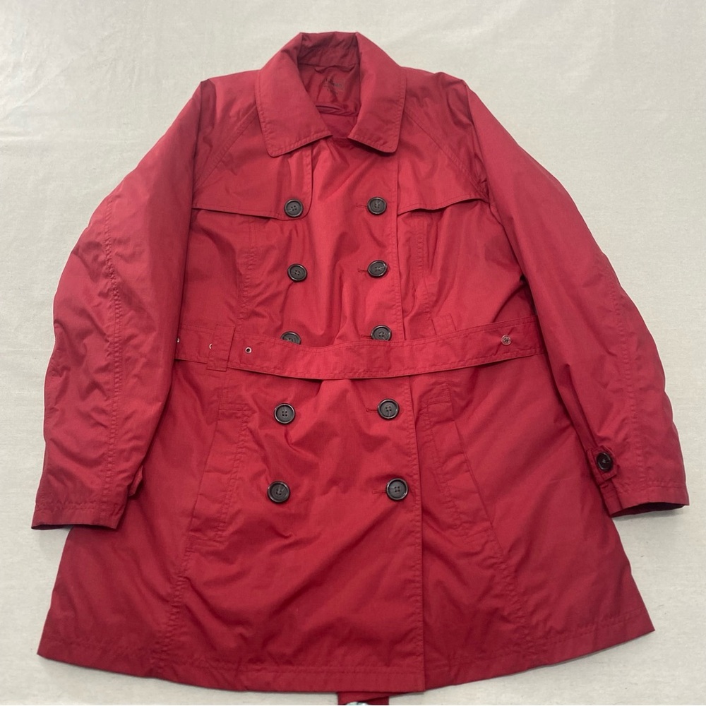 LL Bean Women's Double Breasted Trench Rain Coat Quilted Belted Red Size Large
